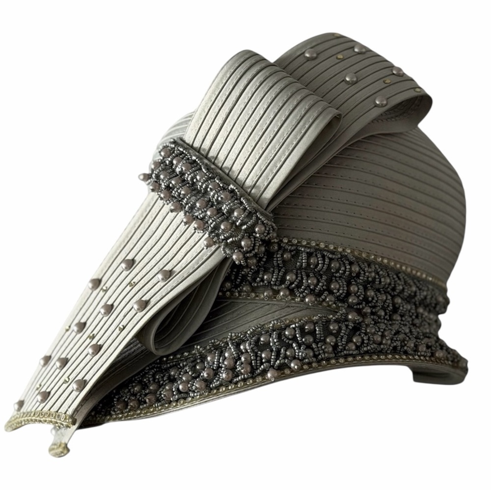 Tango Suits Gray Satin Ribbon Cloche Hat with Beads and Rhinestones